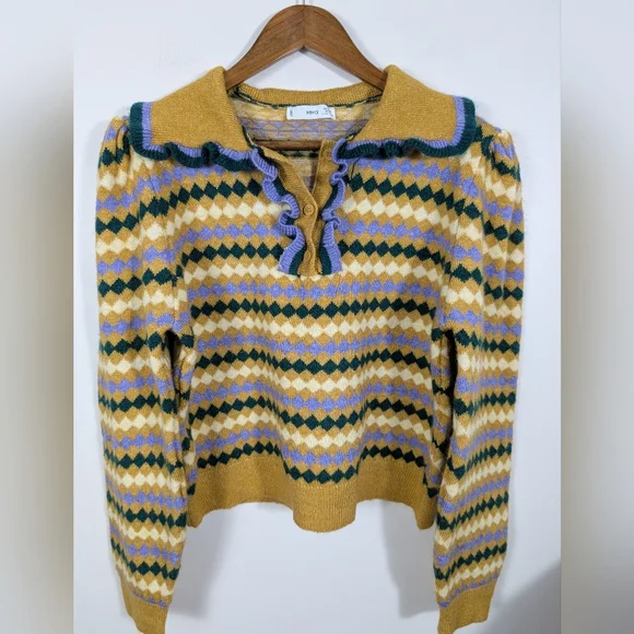 Mango Retro Stripes Acrylic Knit With Collar Ruffle Detail Pullover Sweater NWOT - Picture 10 of 11